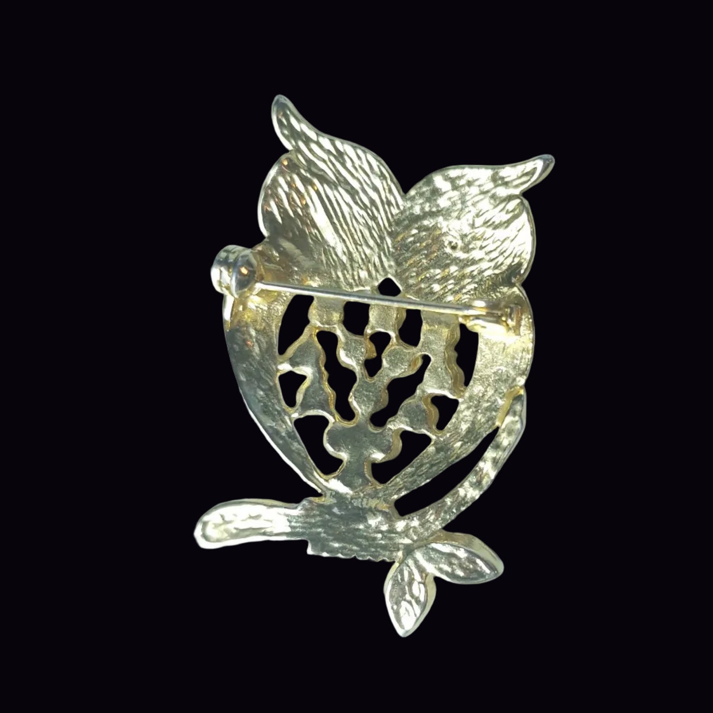 Vintage Gold-Tone Owl Brooch Rhinestone Figural Bird Animal Pin 1970s Costume – photo 2