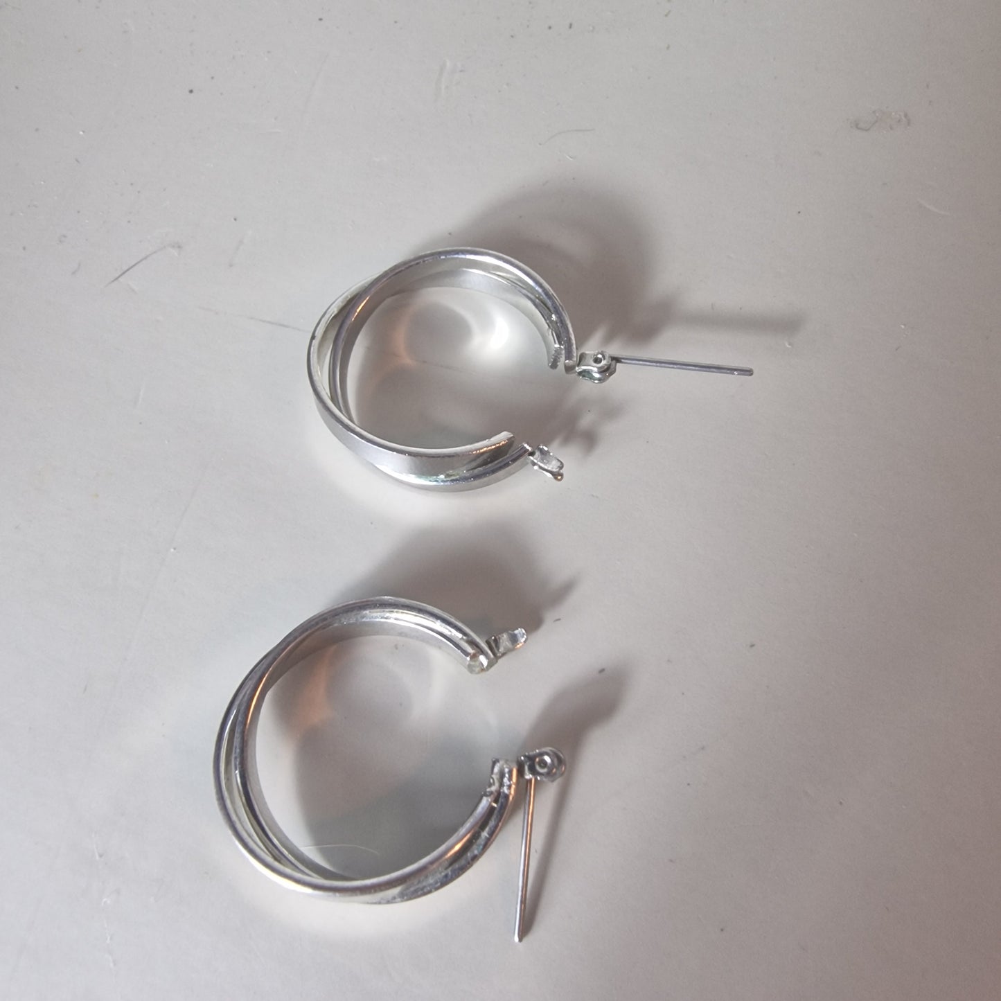 Vintage Silver-Tone Double Hoop Earrings Faux Pearl Ball Insert Geometric 1990s