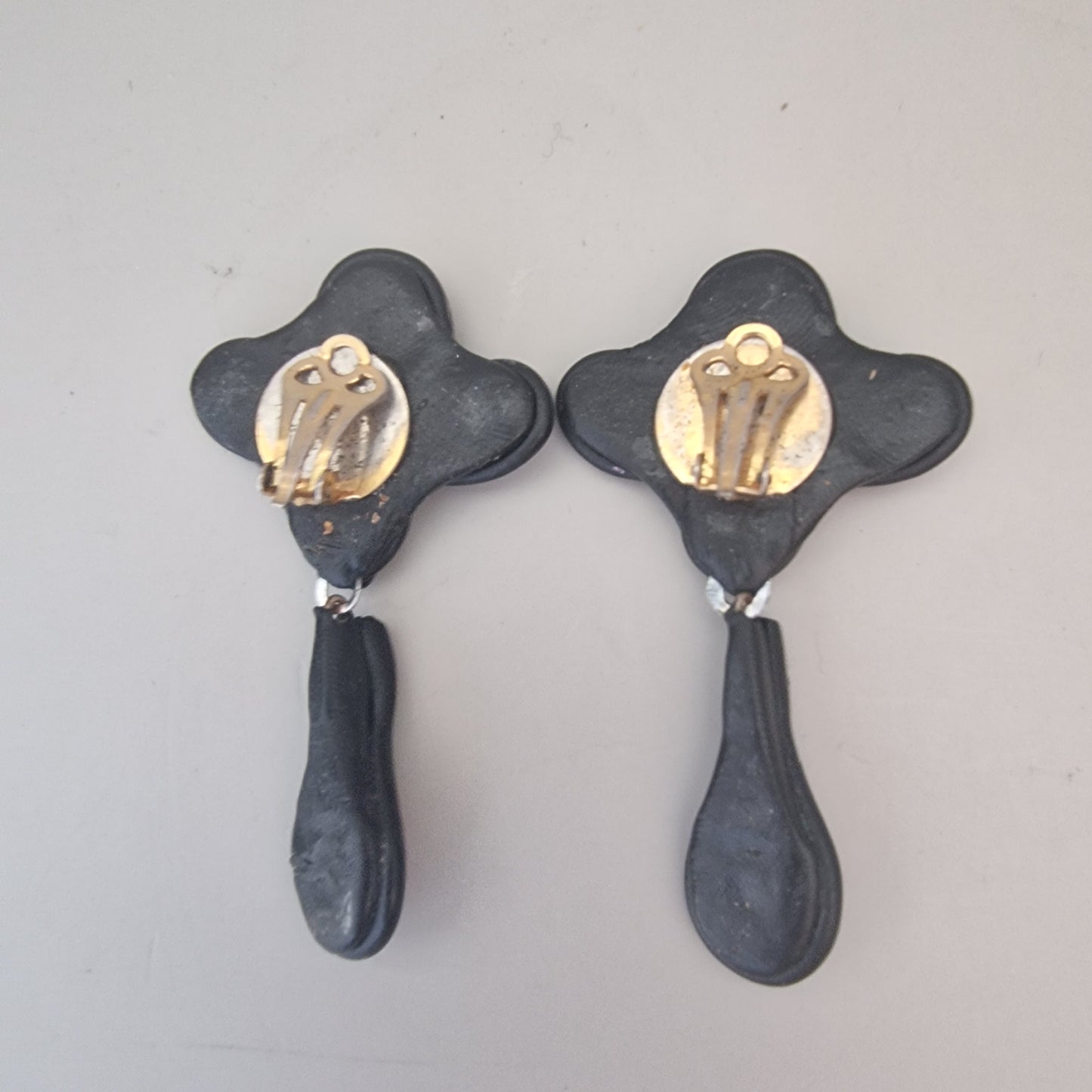 Vintage 1990s Handmade Polymer Clay Clip-On Earrings Black Red Cabochon Drops