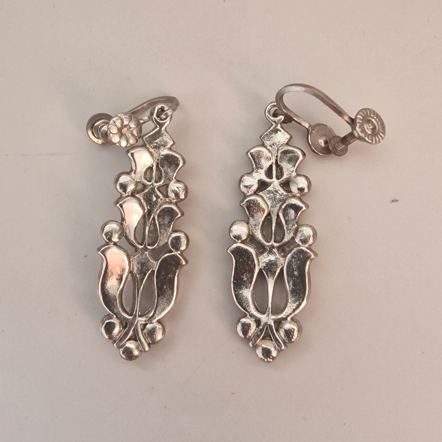 Vintage 1950s Silver-Tone Mid-Century Drop Earrings Rhinestone AB Crystal Pin