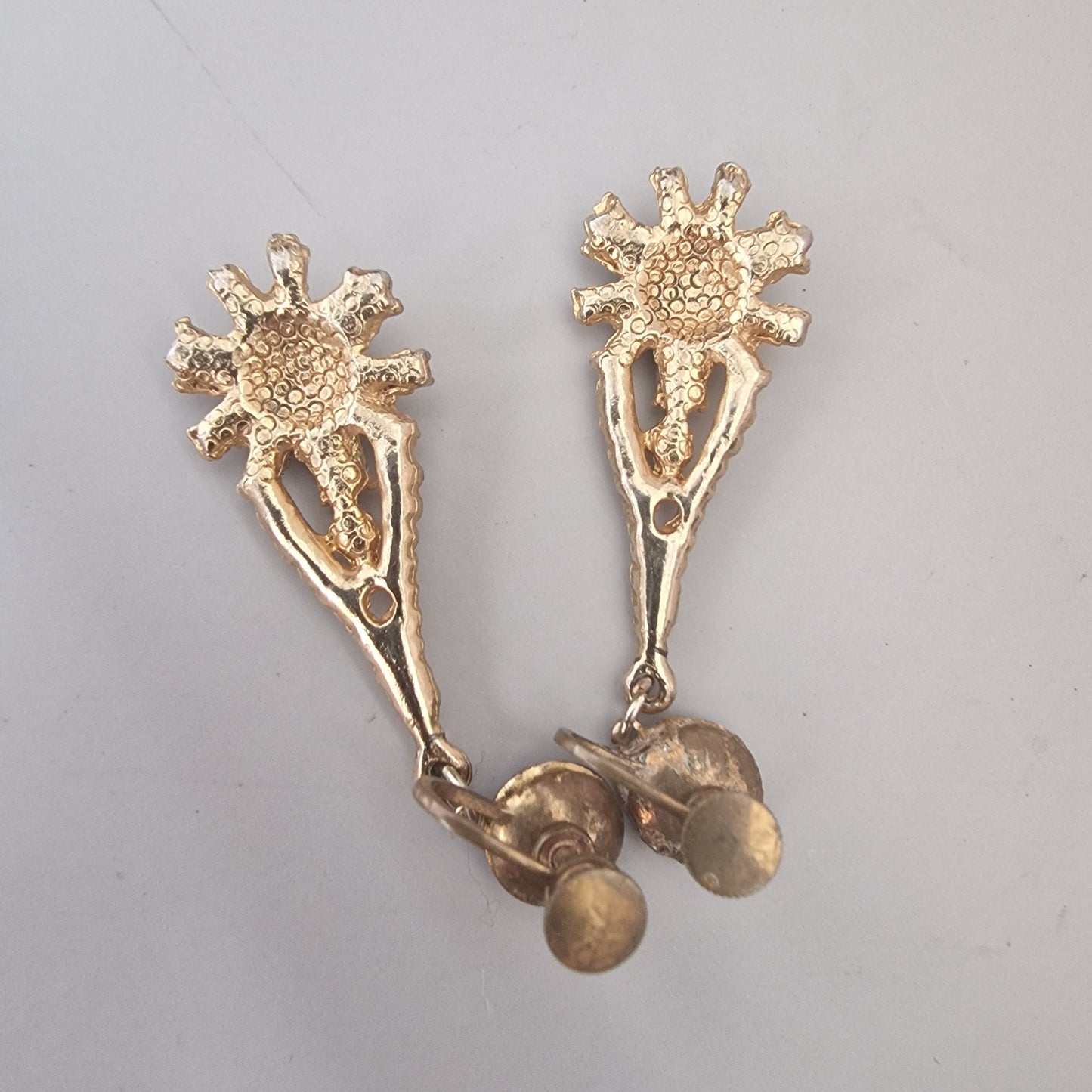 Vintage 1950s Gold-Tone Blue Rhinestone Drop Earrings Mid-Century Screw-Back UK