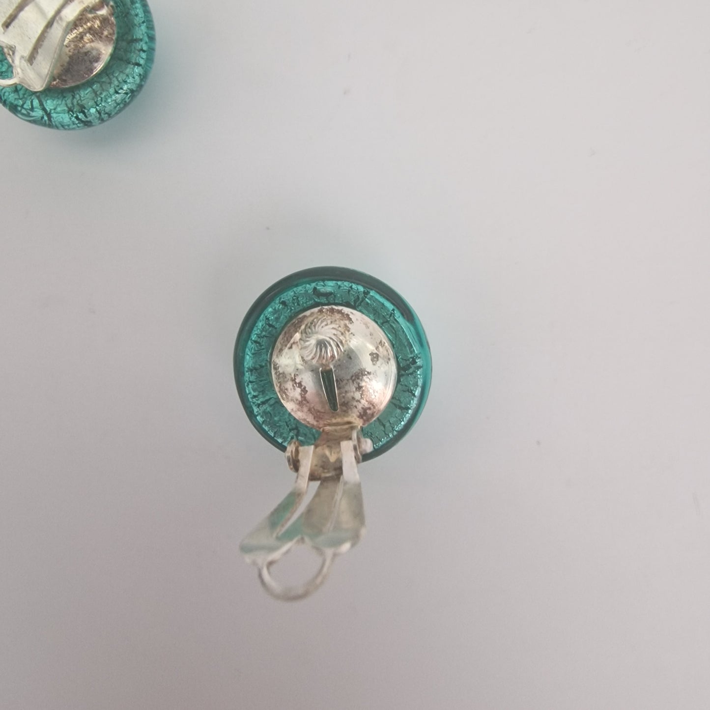 Vintage 1970s Teal Green Crackle Foil Glass Clip-On Earrings Round Dome Button – photo 4