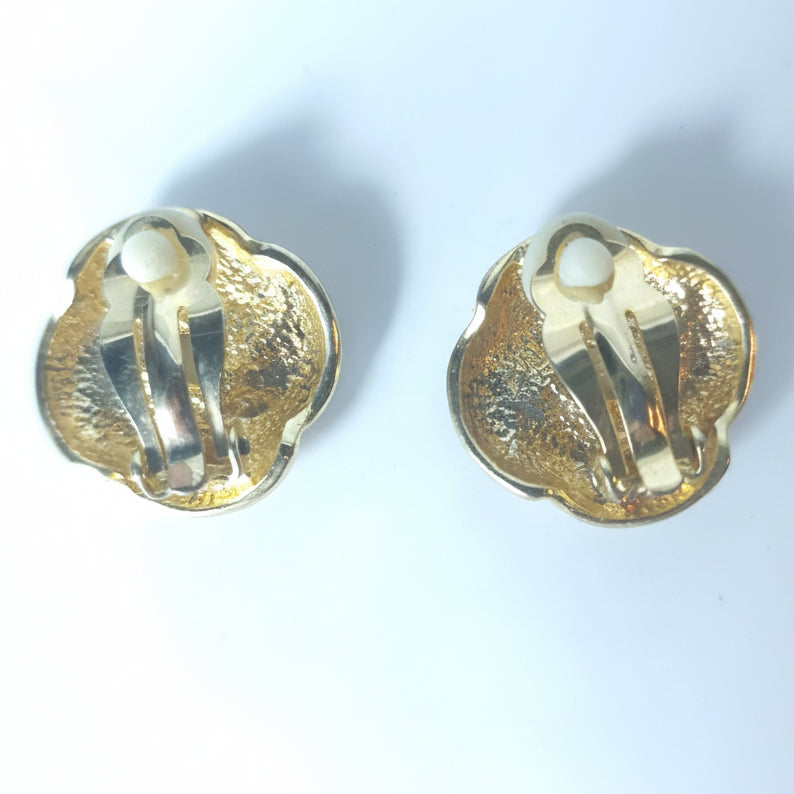 Vintage 1980s Gold-Tone Brown Enamel Clip-On Earrings Rhinestone Swirl Geometric – photo 4