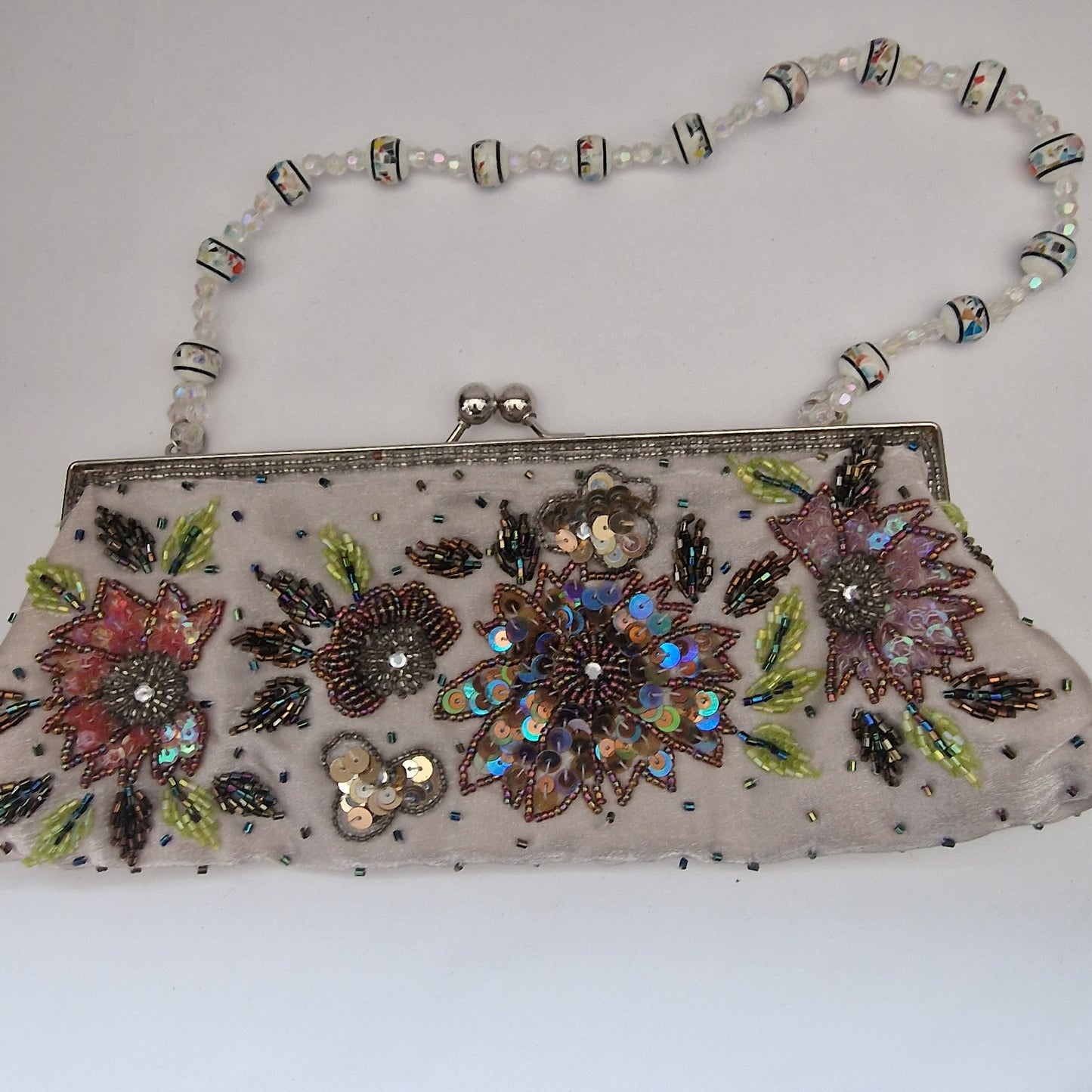 Vintage 1990s Cream Fabric Beaded Sequin Floral Clutch Bag Silver Frame Clasp – photo 10
