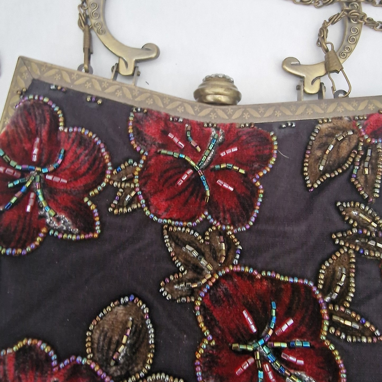 Vintage Leko 1990s Black Silk Beaded Burgundy Embroidered Floral Evening Clutch – photo 9