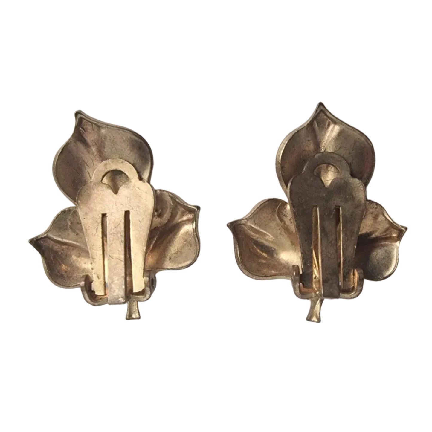 Vintage 1960s Black Gold-Tone Enamel Clip-On Earrings Floral Leaf Faux Pearl Pin – photo 2