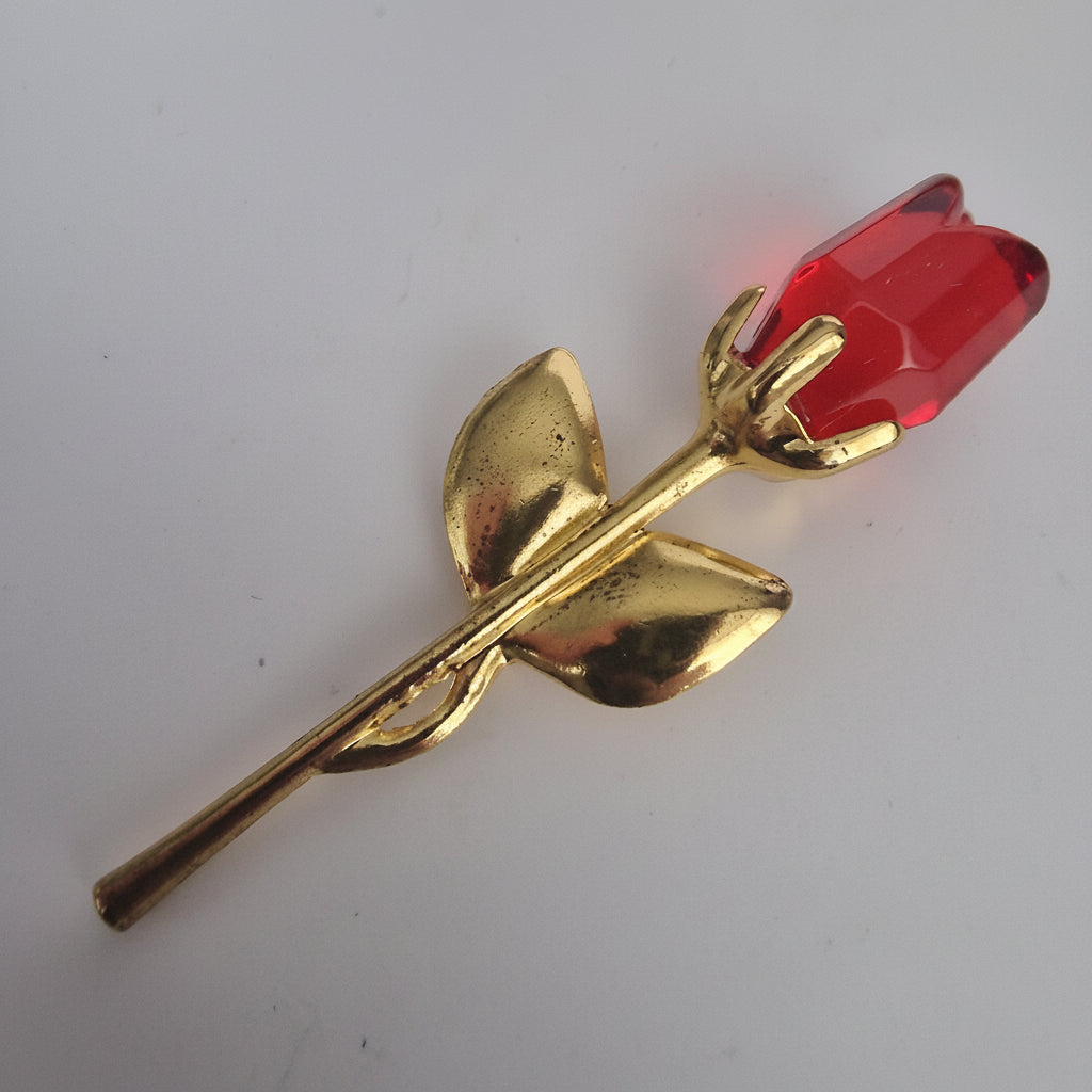 Vintage 1980s Gold-Tone Red Glass Rose Stem Figurine Romantic Floral Ornament – photo 6