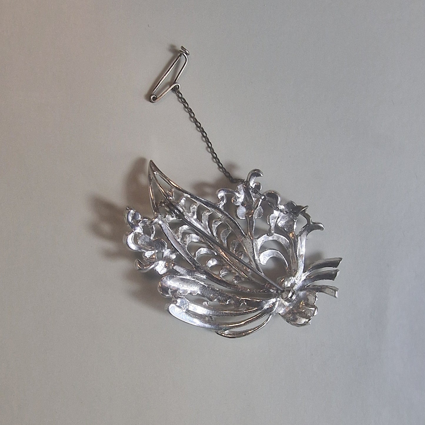 Vintage 1960s Silver-Tone Marcasite Floral Brooch Botanical Costume Jewellery