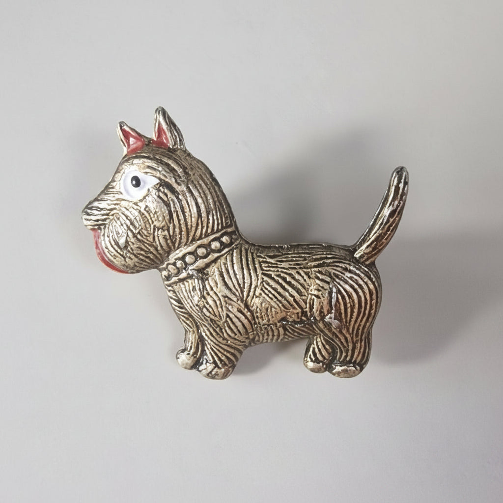 Vintage 1950s Gold-Tone Bronze Scottie Dog Brooch Figural Animal Terrier Enamel