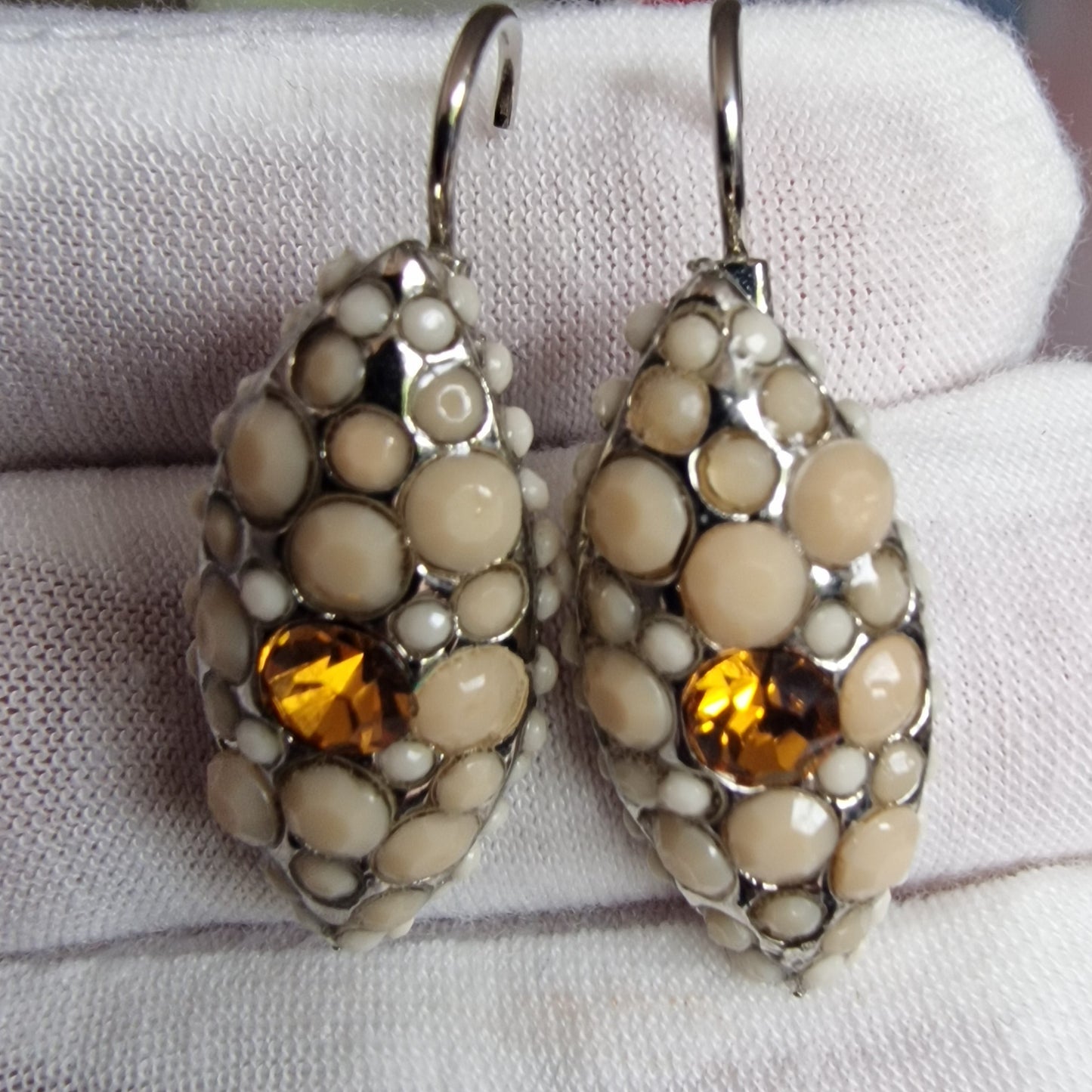 Vintage Silver-Tone Marquise Earrings Cream Stones Amber Rhinestone Lever Back – photo 6