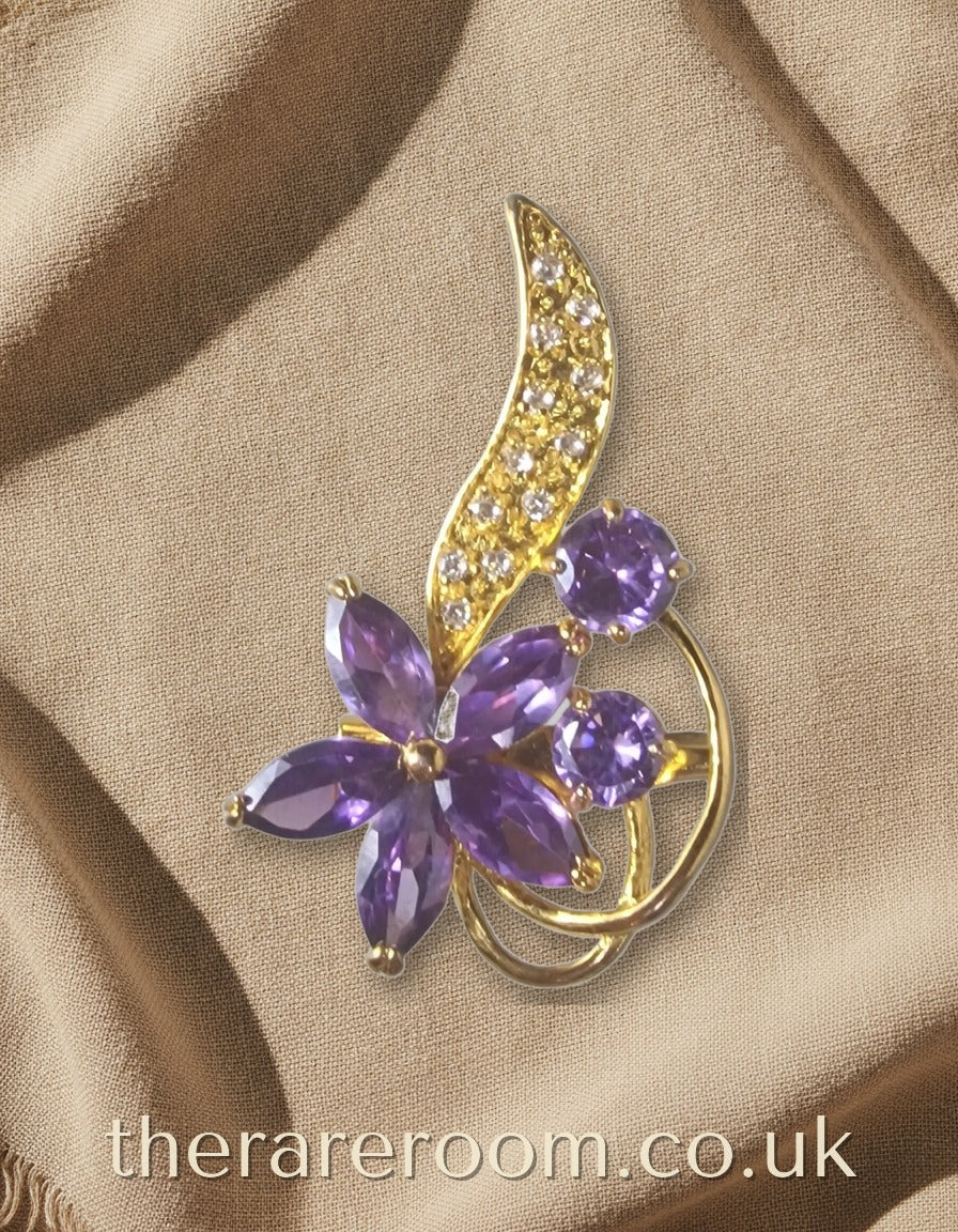 Vintage 1990s Gold-Tone Floral Brooch Purple Violet Marquise Stone Figural UK — pinterest