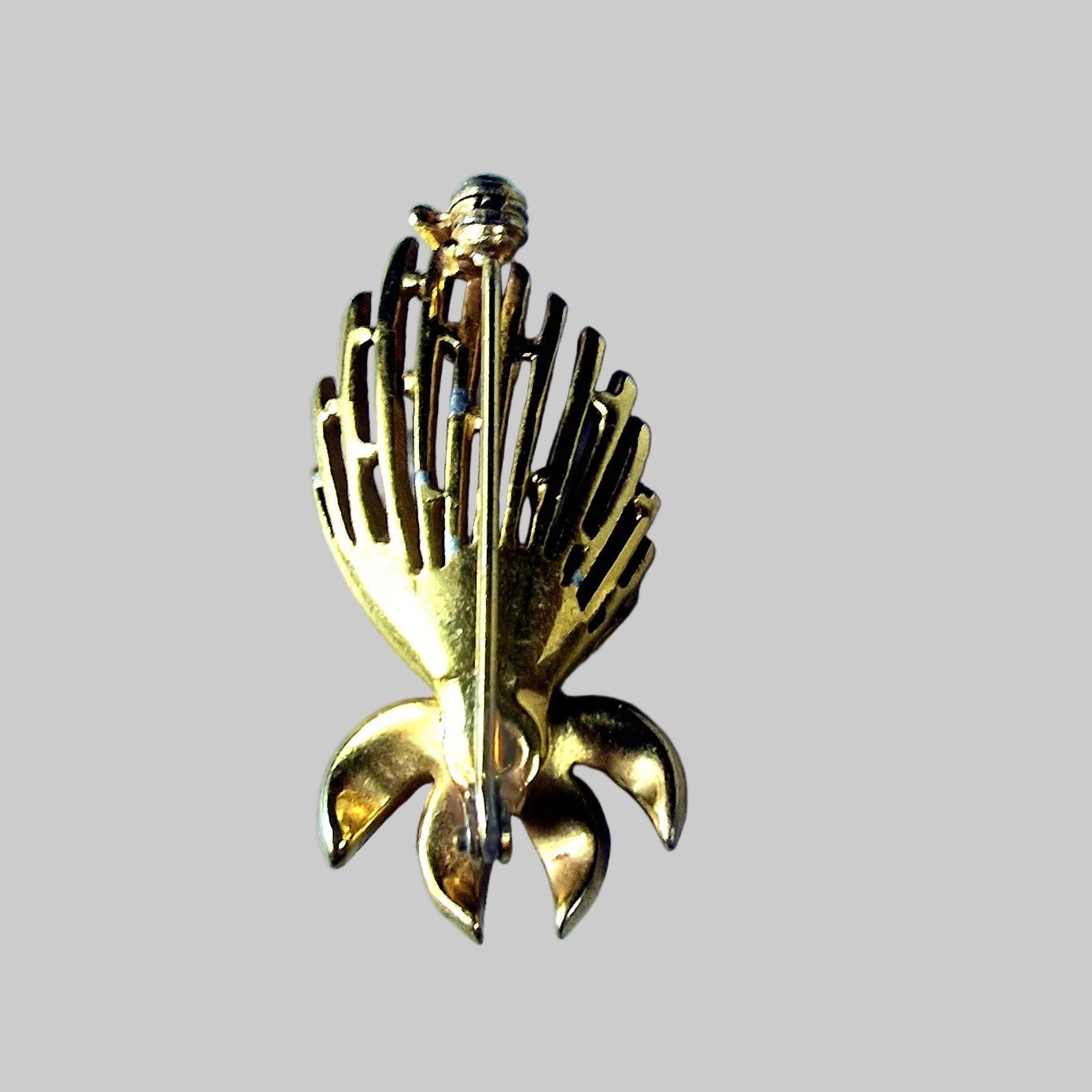 Vintage Gold-Tone Feather Fan Brooch Clear Rhinestone Figural 1960s Costume Pin – photo 2