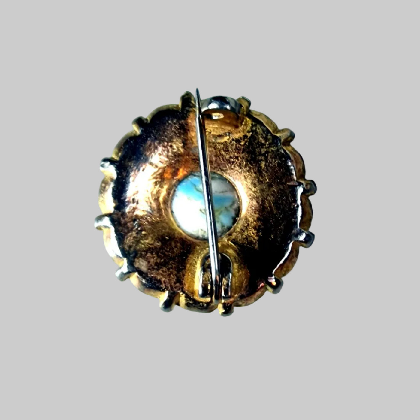 Vintage 1960s Gold-Tone Blue Cabochon Cluster Brooch Clear Rhinestone Round UK