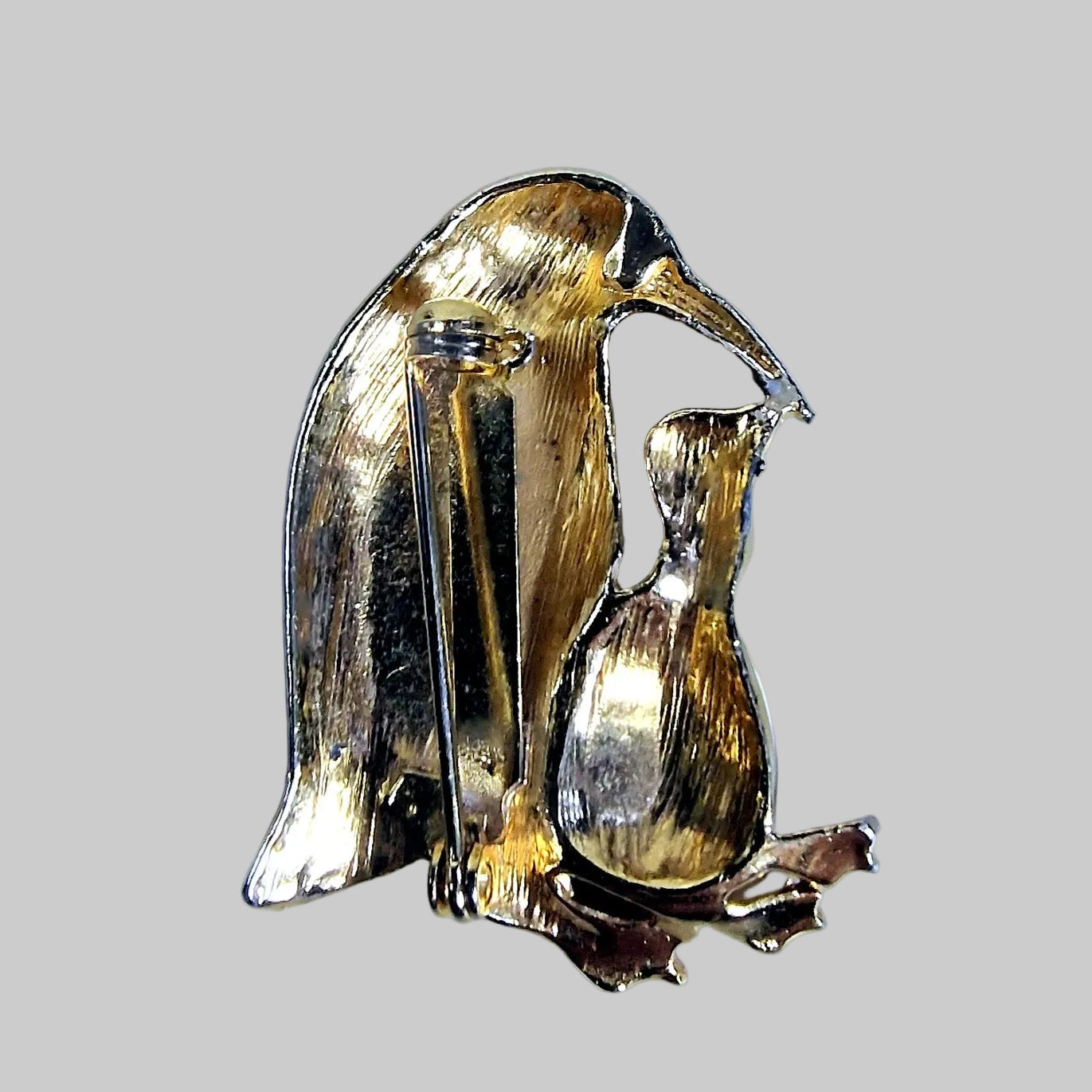 Vintage 1960s Black White Enamel Penguin Brooch Figural Mother Baby Gold-Tone