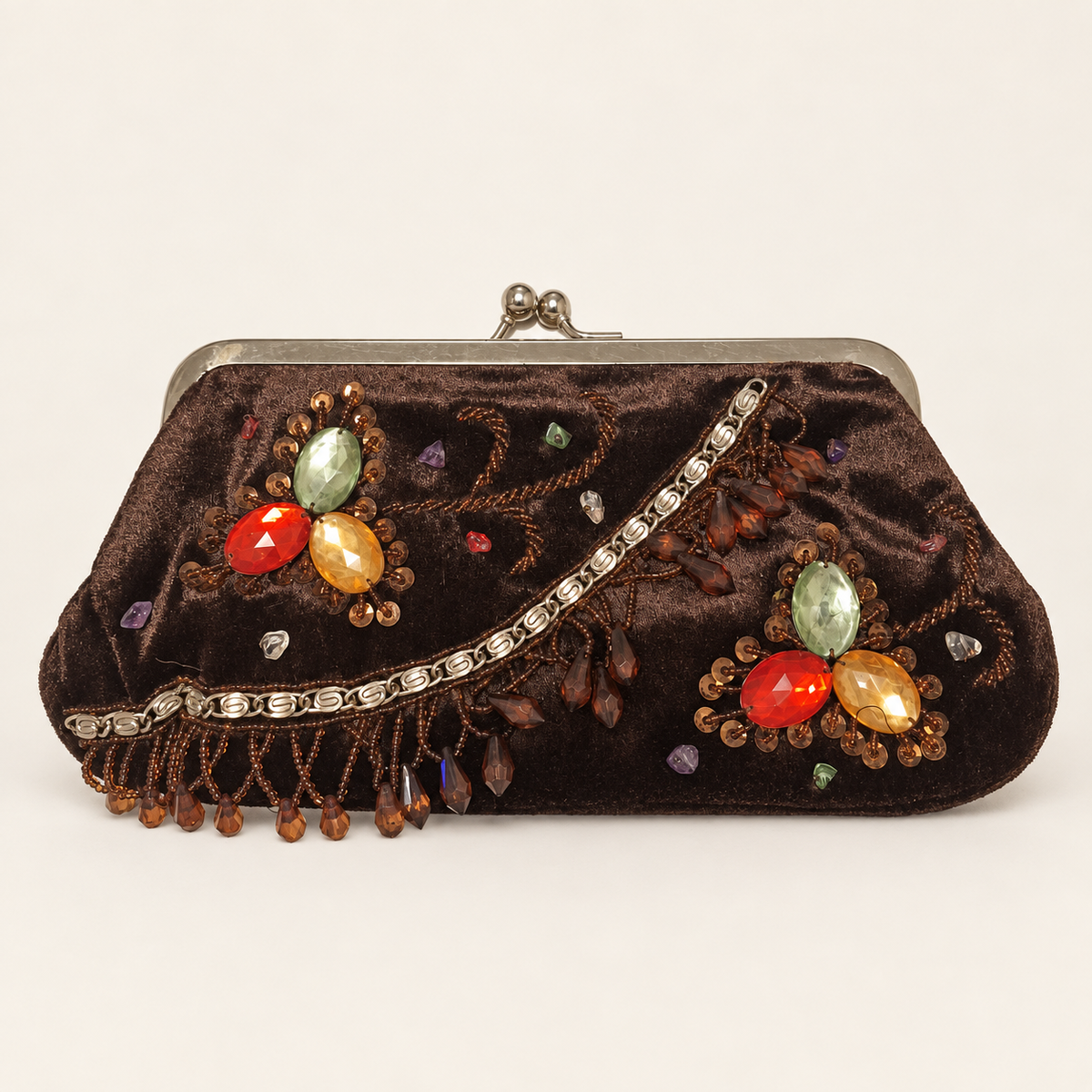 Brown velvet evening bag with multicolour beaded floral motifs and silver-tone kiss-lock frame, front view