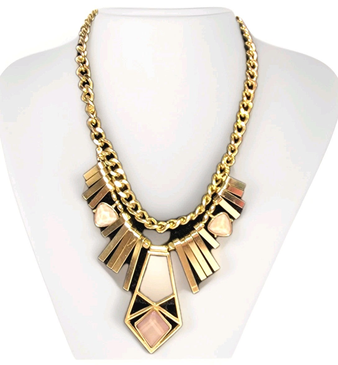 1980s Gold-Tone Geometric Statement Necklace, Pink Resin Art Deco Bib, Chunky Curb Chain, Gold Fringe, Vintage 80s Costume Jewelry