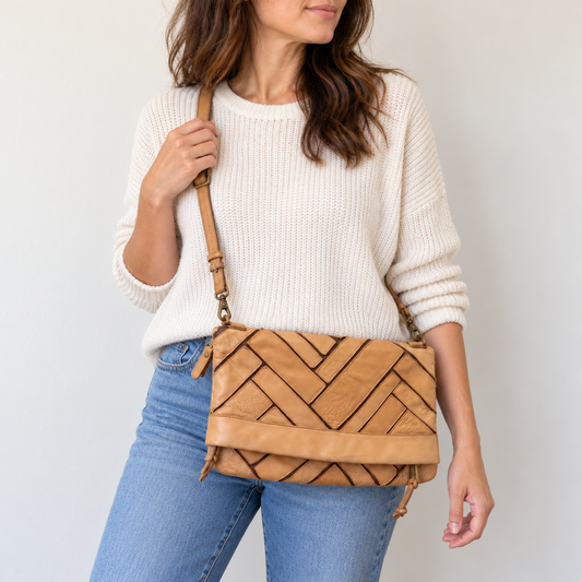 Vintage UGG 2000s Tan Leather Crossbody Bag Geometric Herringbone Patchwork Zip
