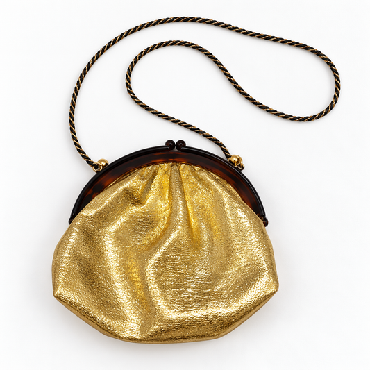 Vintage 1980s Gold Metallic Evening Clutch Bag Amber-Tone Frame Made in Italy