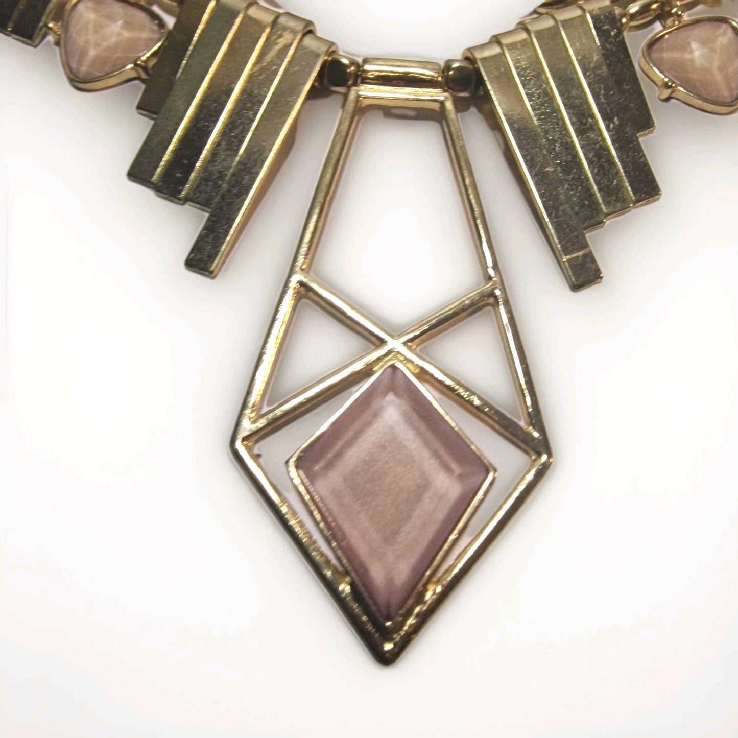 1980s Gold-Tone Geometric Statement Necklace, Pink Resin Art Deco Bib, Chunky Curb Chain, Gold Fringe, Vintage 80s Costume Jewelry – photo 5