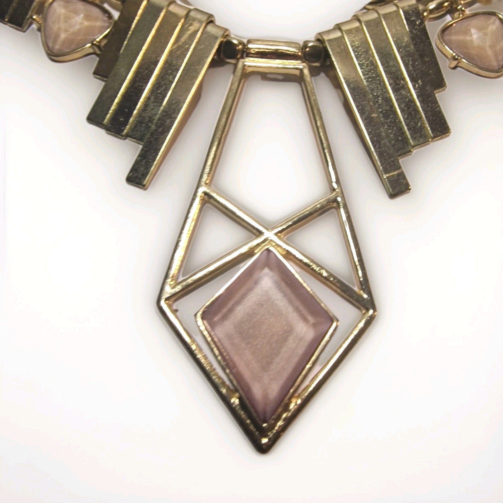 1980s Gold-Tone Geometric Statement Necklace, Pink Resin Art Deco Bib, Chunky Curb Chain, Gold Fringe, Vintage 80s Costume Jewelry – photo 5