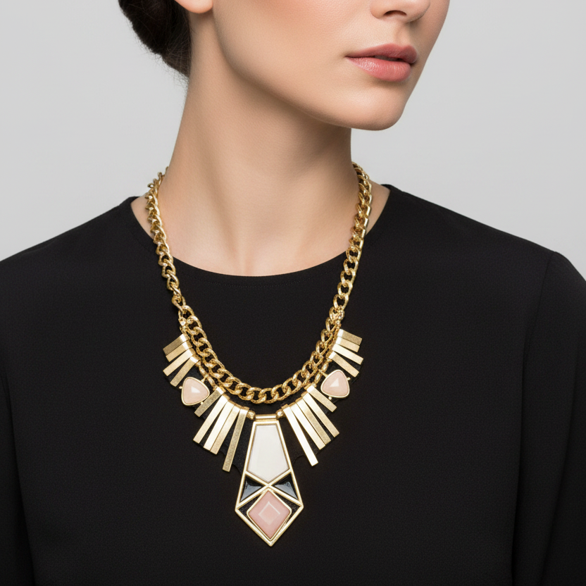 Vintage 1980s Gold-Tone Geometric Statement Necklace, Pink Resin Art Deco Bib,