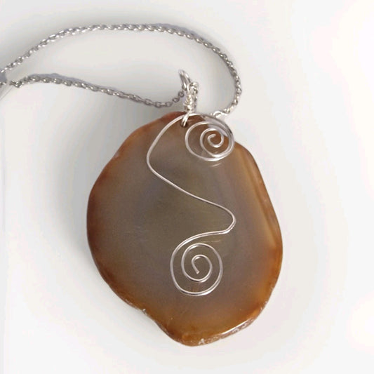 Natural Agate Slice Pendant Necklace, Wire Wrapped Boho Jewellery, Gemstone Jewellery of Shrewsbury, Artisan Stone Pendant, Gift Boxed