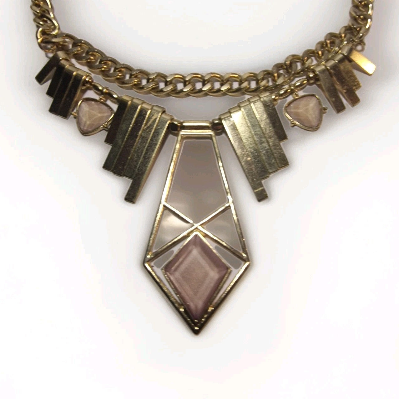 1980s Gold-Tone Geometric Statement Necklace, Pink Resin Art Deco Bib, Chunky Curb Chain, Gold Fringe, Vintage 80s Costume Jewelry – photo 7