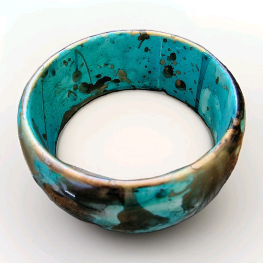 1980s Wide Bangle Bracelet, Turquoise Effect Resin, Abstract Marbled Statement, 80s Costume Jewellery, Retro Wrist Cuff, Boho Jewellery