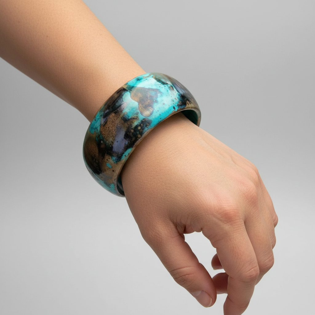 1980s Wide Bangle Bracelet, Turquoise Effect Resin, Abstract Marbled Statement, 80s Costume Jewellery, Retro Wrist Cuff, Boho Jewellery