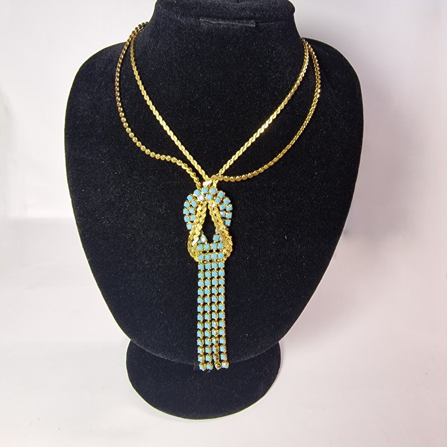 1970s Gold-Tone Rhinestone Knot Pendant Necklace, Turquoise Aqua Crystal Tassel, Retro Costume Jewelry, Statement Lariat, 70s Boho