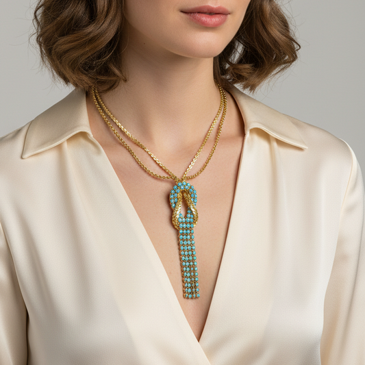 Vintage Gold-Tone Rhinestone Knot Pendant Necklace Turquoise Aqua Crystal Tassel