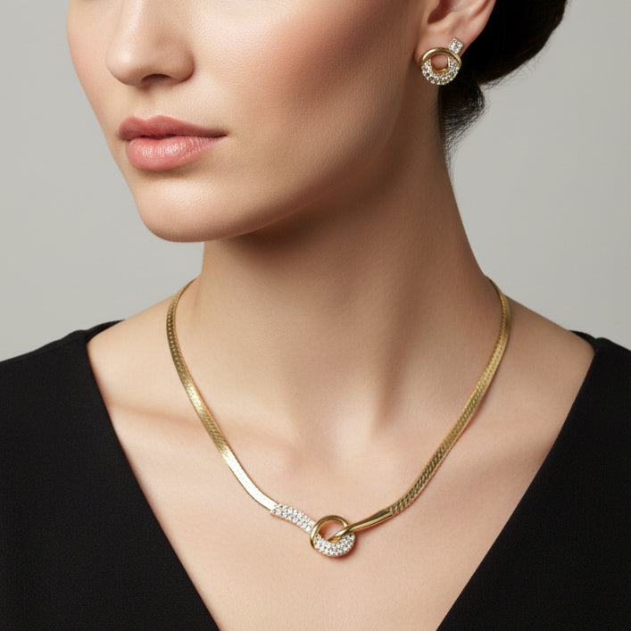 Pierre Cardin Gold-Tone Necklace and Earrings Set, Rhinestone Knot, Herringbone Chain, Signed Designer – photo 2