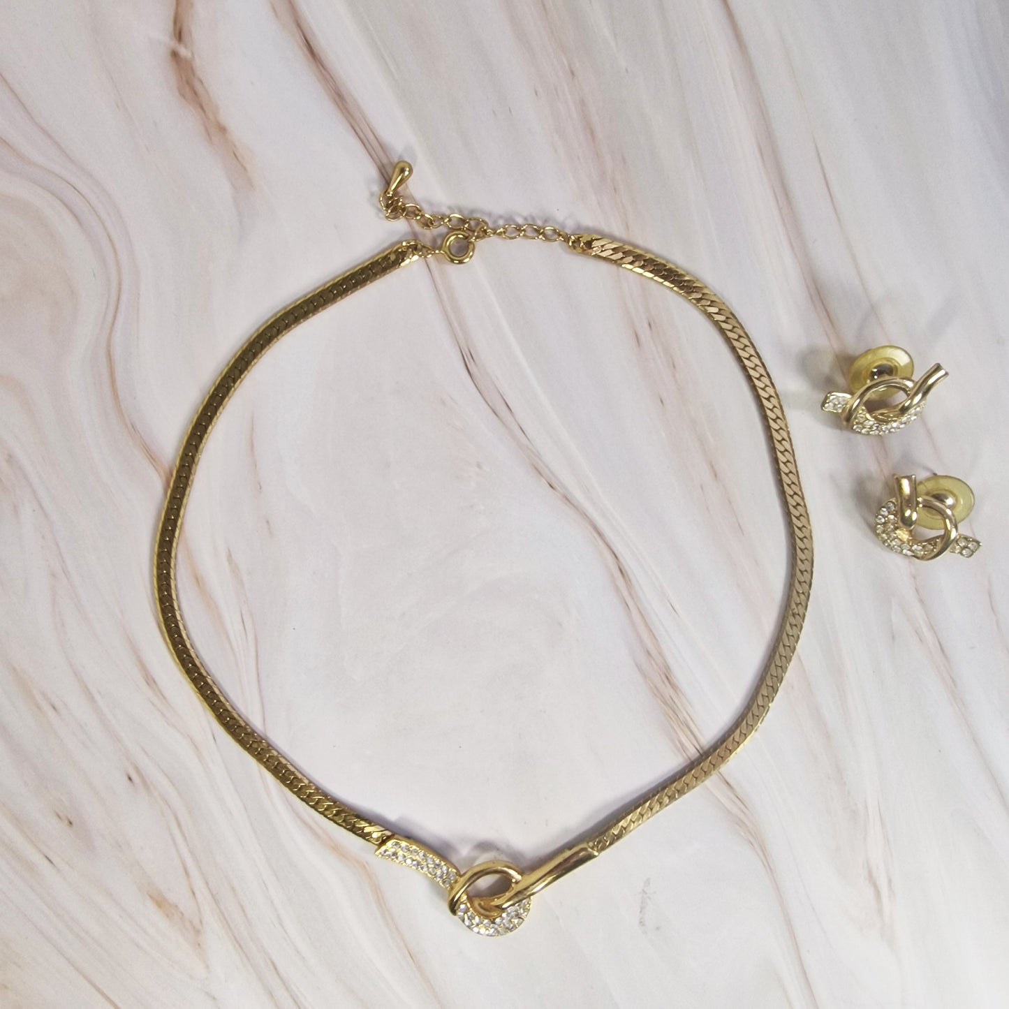 Pierre Cardin Gold-Tone Necklace and Earrings Set, Rhinestone Knot, Herringbone Chain, Signed Designer