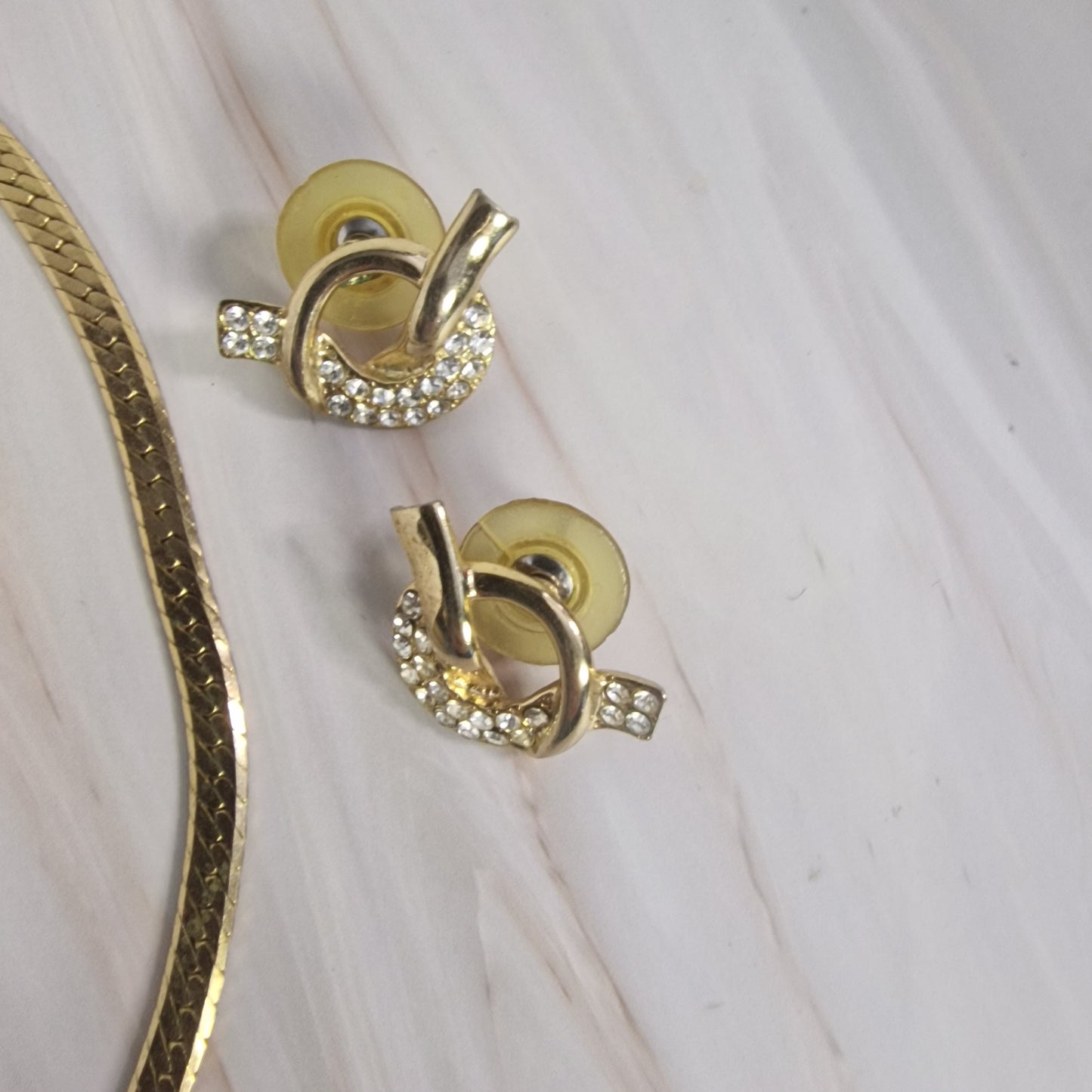 Pierre Cardin Gold-Tone Necklace and Earrings Set, Rhinestone Knot, Herringbone Chain, Signed Designer – photo 3
