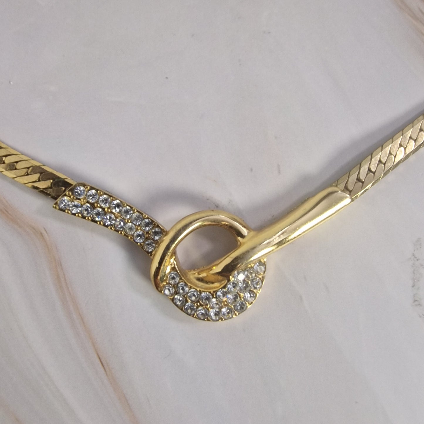 Pierre Cardin Gold-Tone Necklace and Earrings Set, Rhinestone Knot, Herringbone Chain, Signed Designer – photo 4