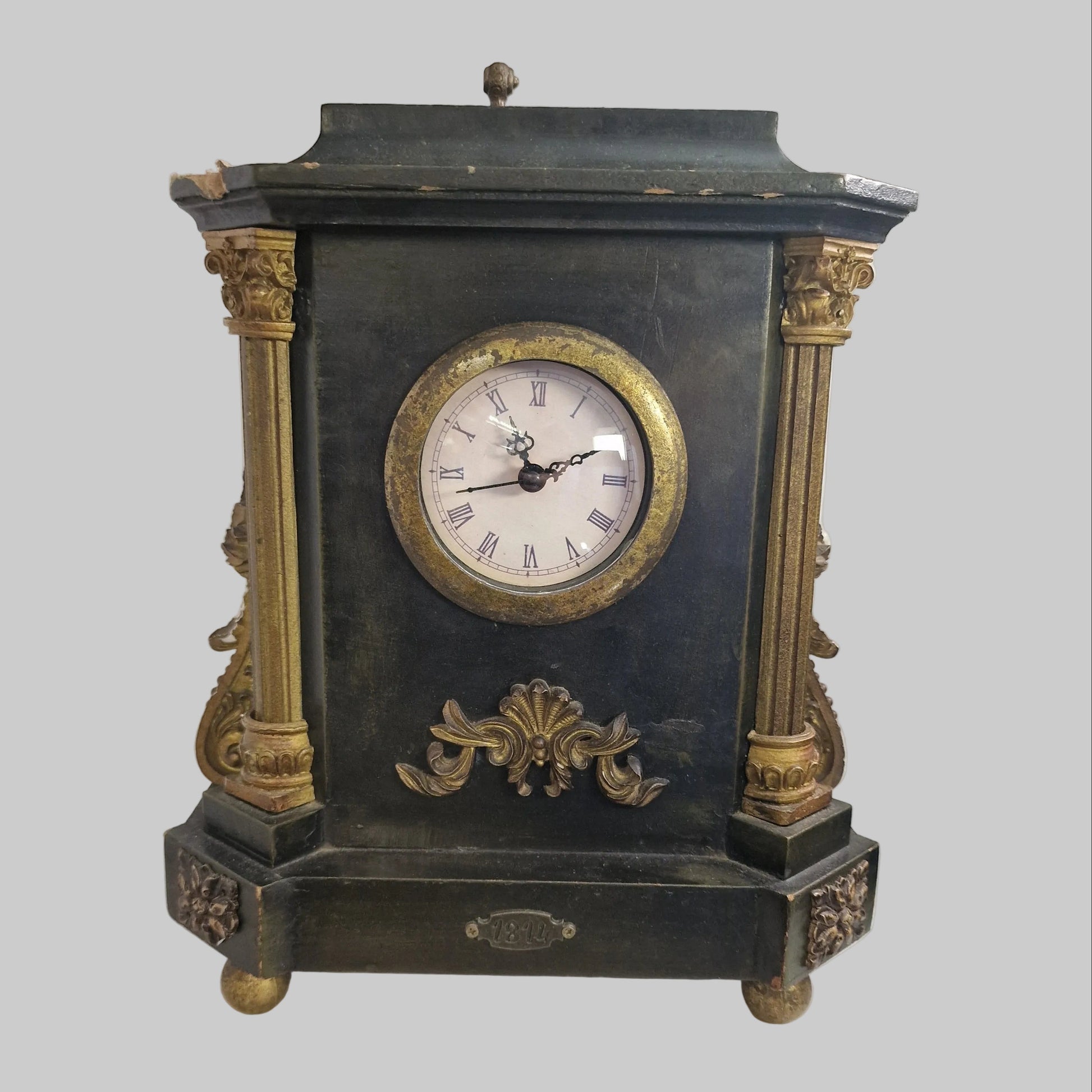 Antique-Style Wooden Mantel Clock, Fleur-de-Lis and Floral Engravings, Black Gold Decor, Upcycle Project