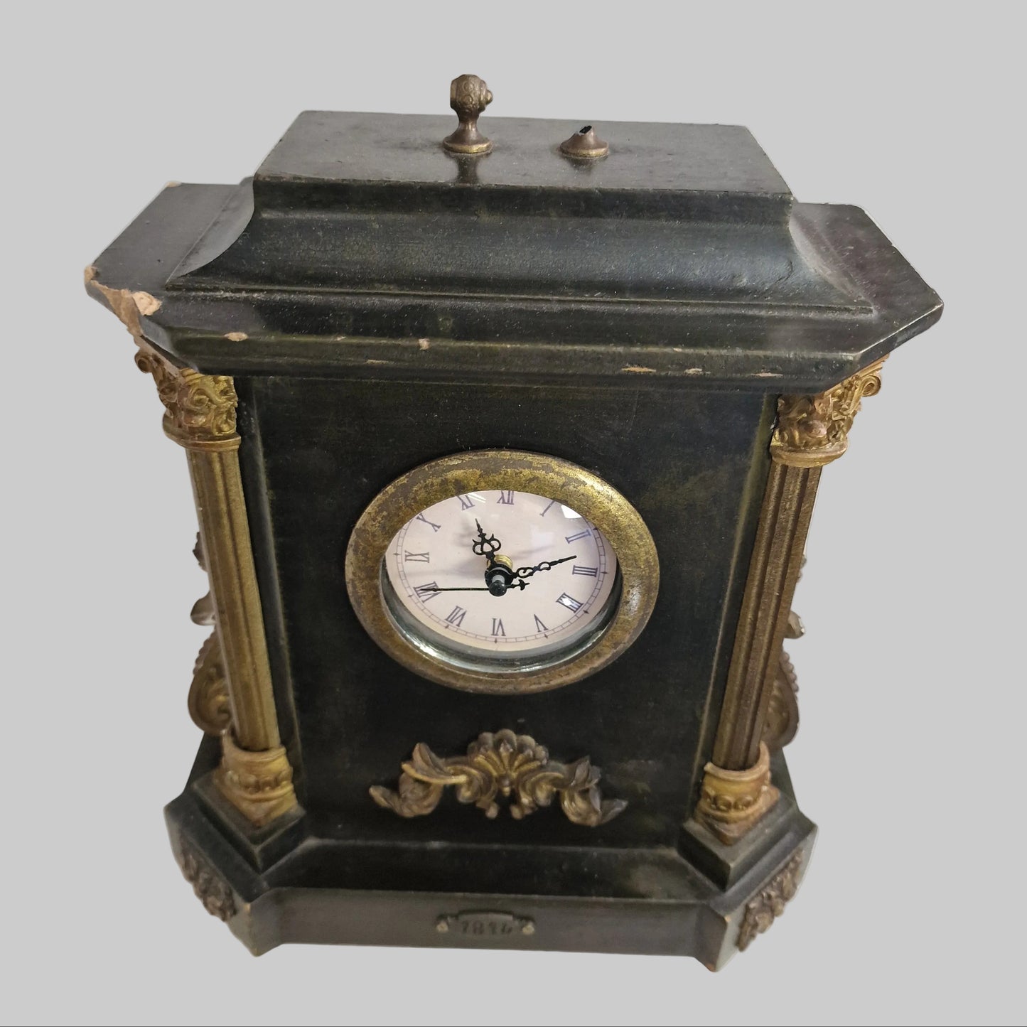 Antique-Style Wooden Mantel Clock, Fleur-de-Lis and Floral Engravings, Black Gold Decor, Upcycle Project – photo 2