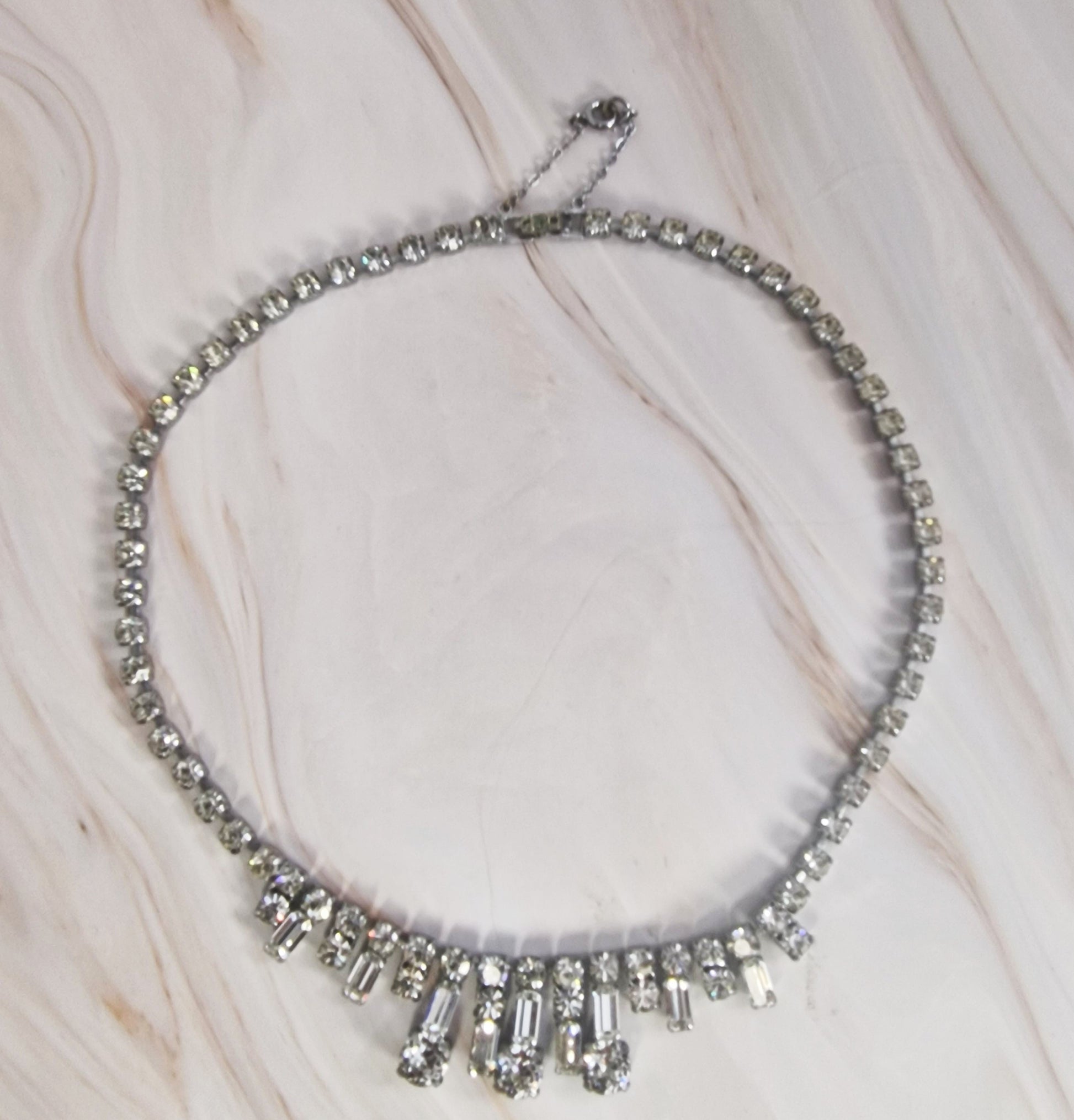 Mid-Century Silver-Tone Rhinestone Choker Necklace, Graduated Fan Baguette Center, Clear Crystal, 1950s 1960s Vintage Costume Jewelry