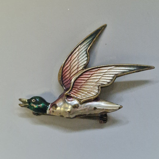 Vintage Gold-Tone Flying Duck Bird Brooch Figural Enamel Multi-Color Animal Pin