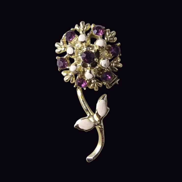 Vintage 1950s Gold-Tone Purple Amethyst Rhinestone Floral Cluster Brooch Chic
