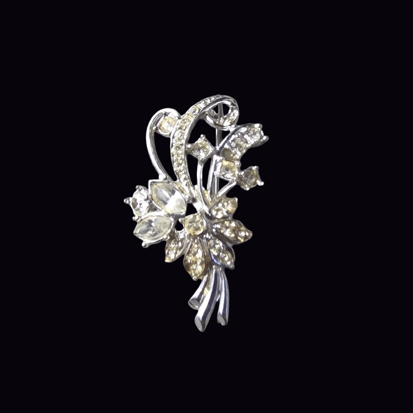 Vintage 1950s Silver-Tone Rhinestone Floral Brooch Scroll Spray Pin Costume UK