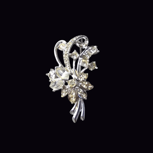 Vintage 1950s Silver-Tone Rhinestone Floral Brooch Scroll Spray Pin Costume UK