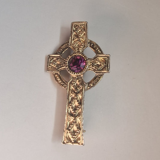 Vintage Gold-Tone Celtic Cross Tie Clip Figural Purple Amethyst Geometric Stone