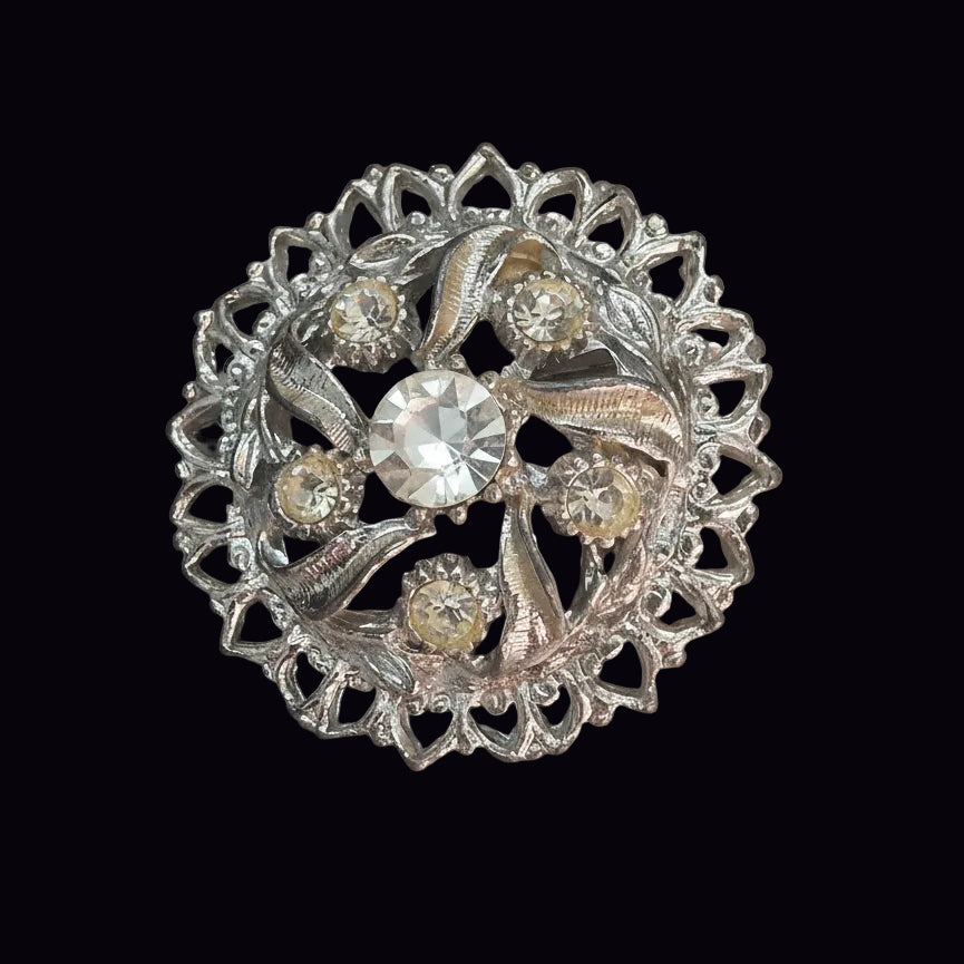 Vintage Silver-Tone Filigree Round Brooch Clear Rhinestone Floral Costume Pin