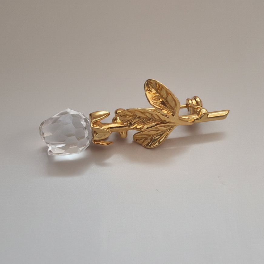 Vintage Gold-Tone Rose Stem Brooch Faceted Crystal Floral Botanical Lapel Pin