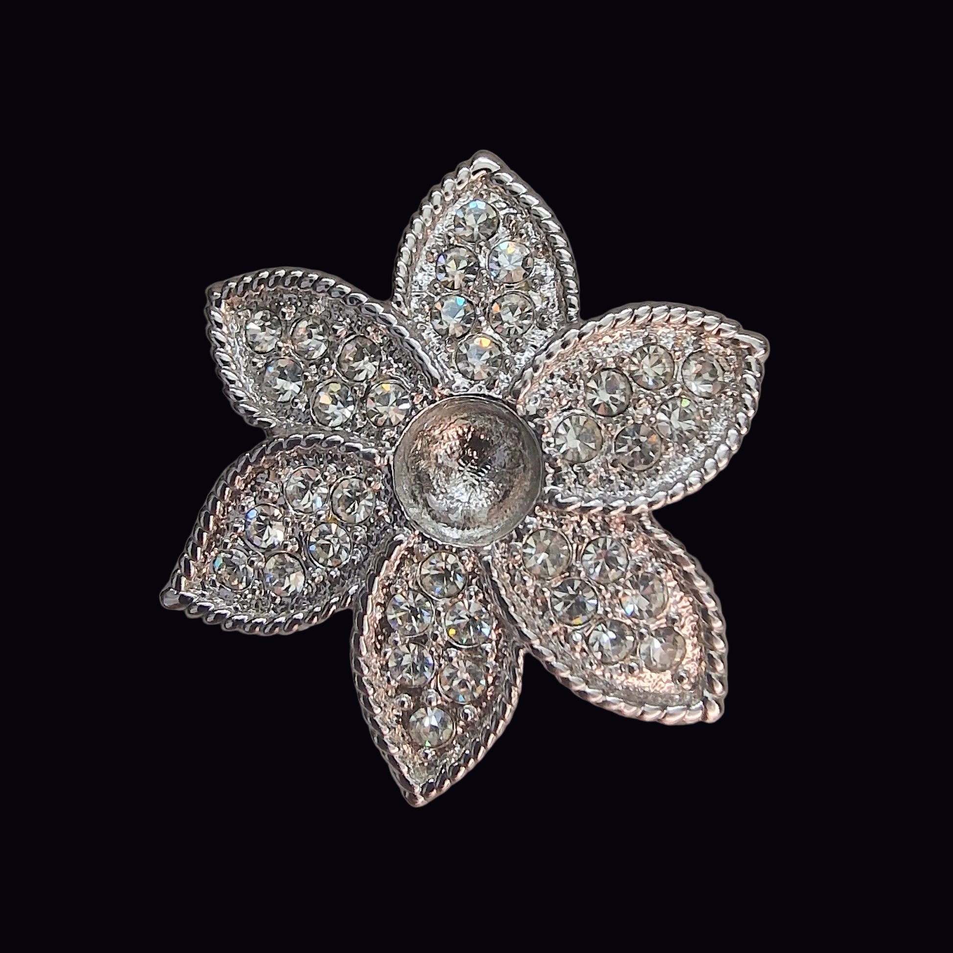 Vintage Silver-Tone Rhinestone Floral Brooch Pave Five Petal Flower Pin Costume