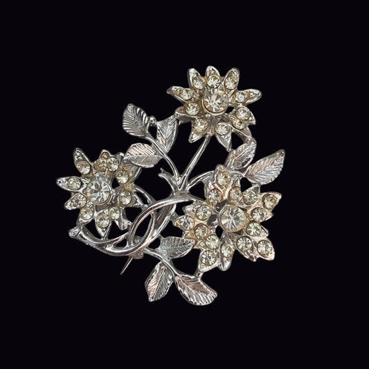 Vintage Silver-Tone Floral Rhinestone Brooch Botanical Flower Spray Costume Pin