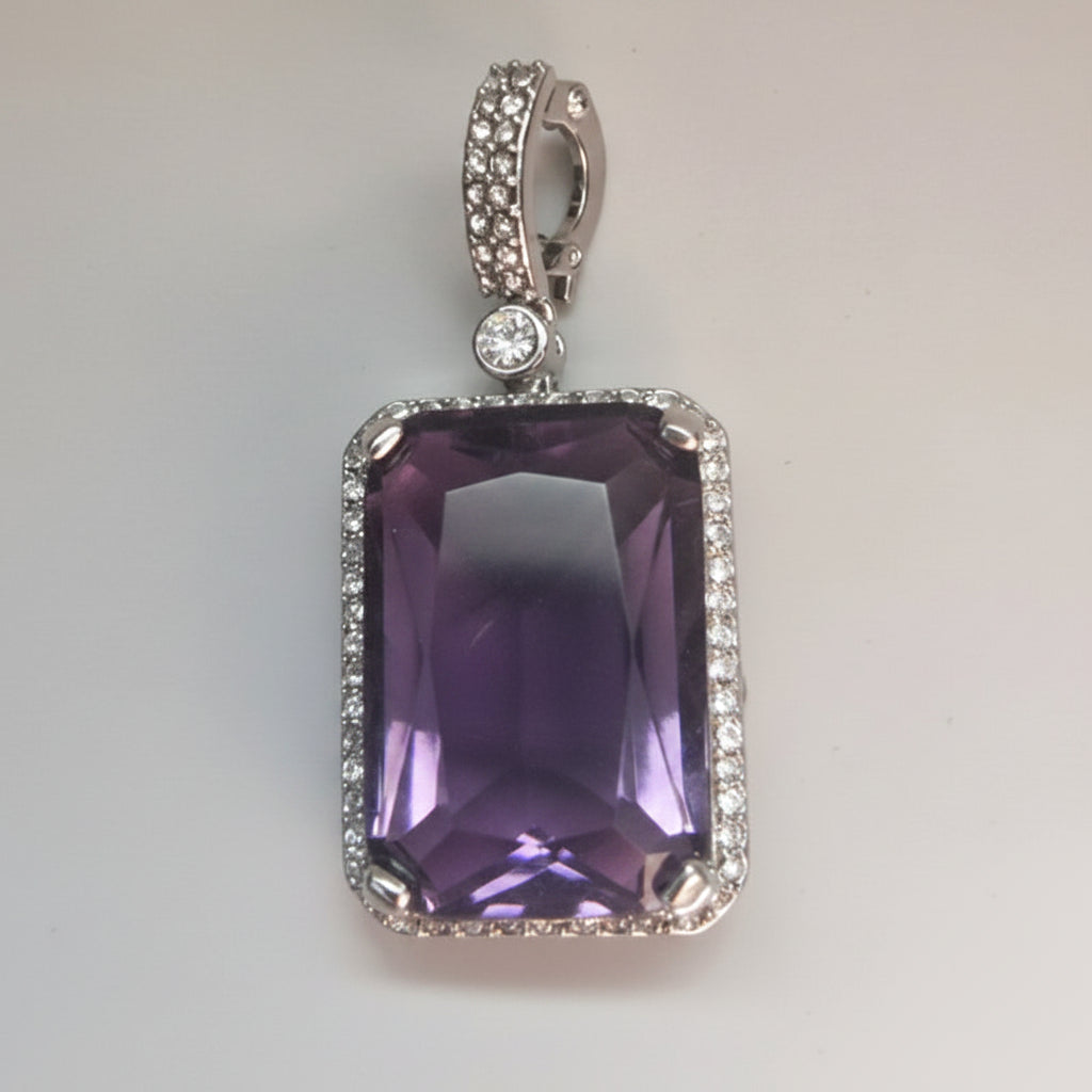 Vintage Silver-Tone Brooch Pendant Large Purple Faux Stone Rhinestone Pave Pin
