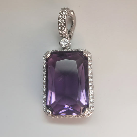 Vintage Silver-Tone Brooch Pendant Large Purple Faux Stone Rhinestone Pave Pin