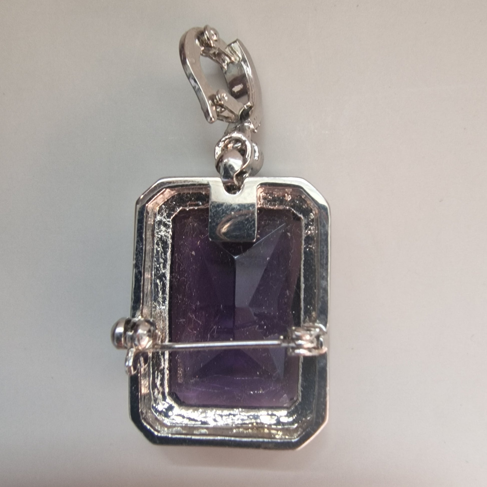Vintage Silver-Tone Brooch Pendant Large Purple Faux Stone Rhinestone Pave Pin – photo 2